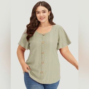 BloomChic Embroidered Button Detail Crew Neck Flutter Sleeve T-Shirt